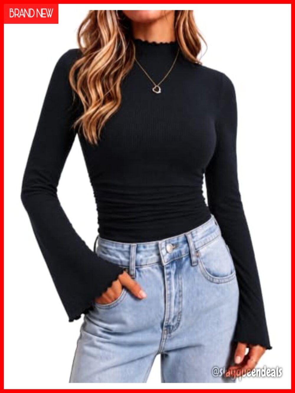 Women's Mock Neck Bell Sleeve Ribbed Slim Fit Knit Blouse